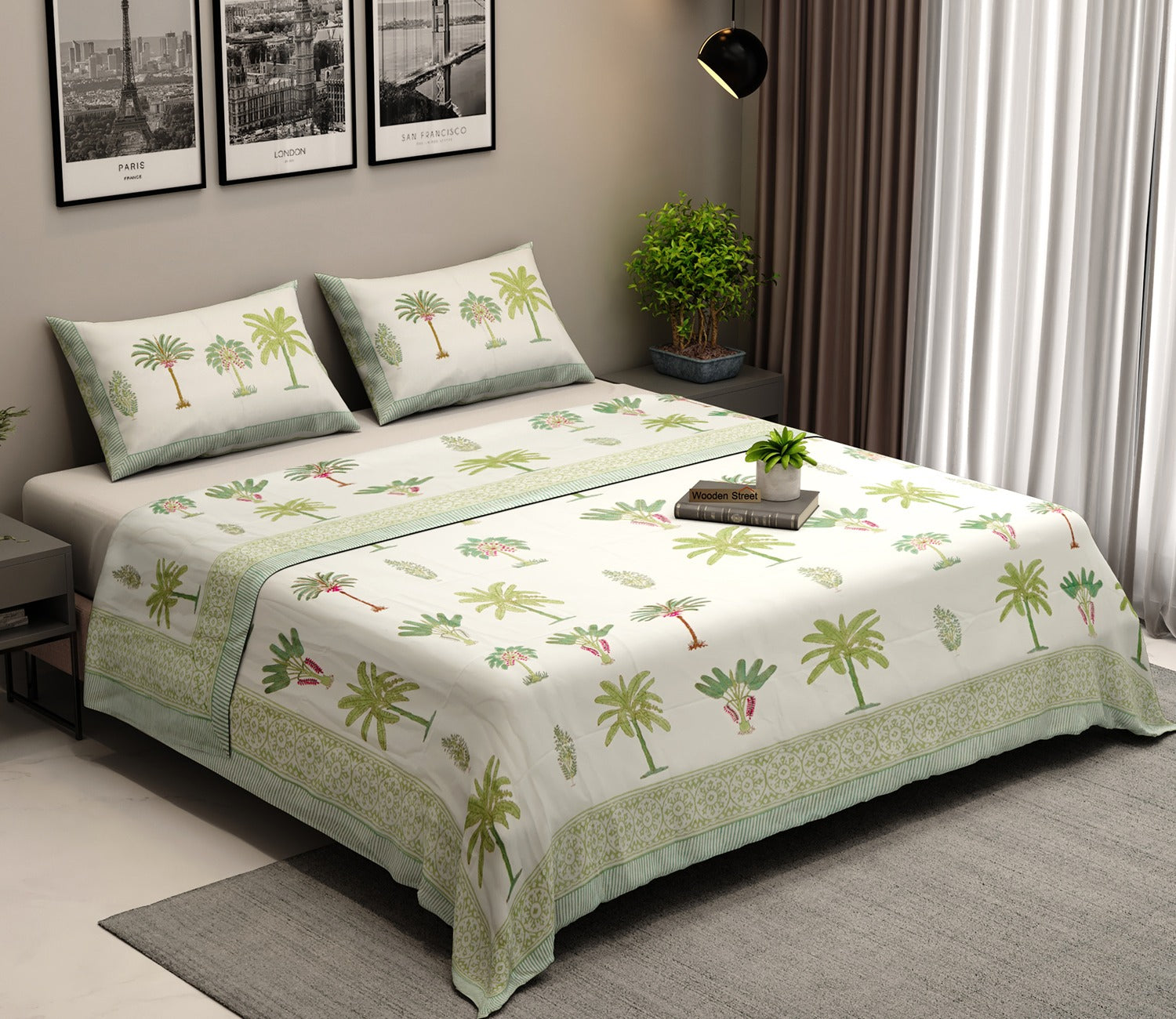200 TC Leafy Impression Percale Cotton Bedsheet King Size With 2 Pillow Cover