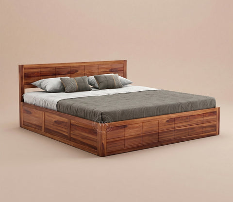 Brixton Sheesham Wood Bed With Box Storage (Queen Size, Honey Finish)