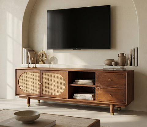 Gyana Premium Solid Wood TV Unit with Cane Panel Cabinet (Mango Wood, Teak Finish)