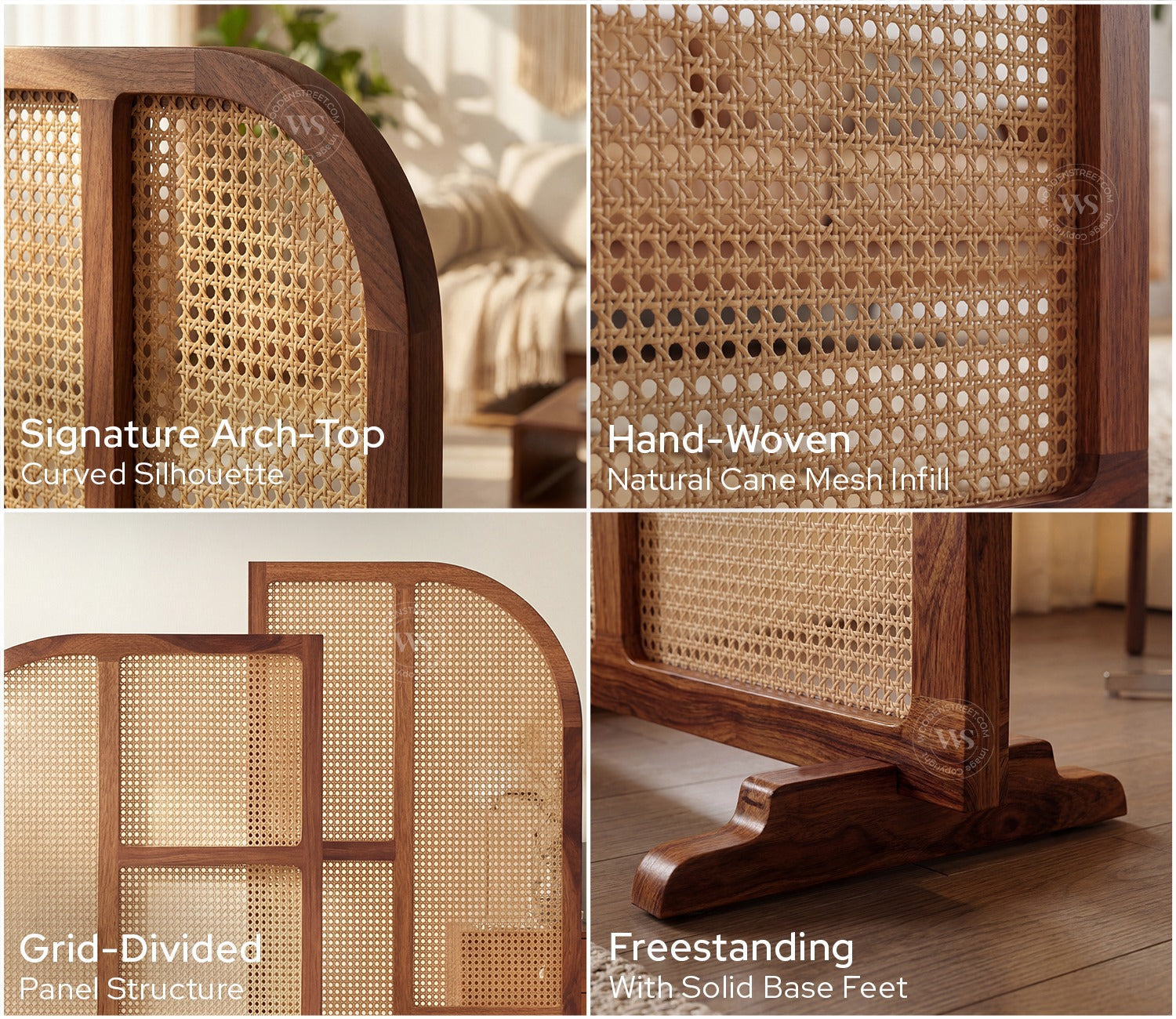 Aavaran Heritage Arch Sheesham Wood Room Divider with Luxury Cane Weave - Set of 2 Panels