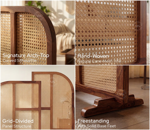 Aavaran Heritage Arch Sheesham Wood Room Divider with Luxury Cane Weave - Set of 2 Panels