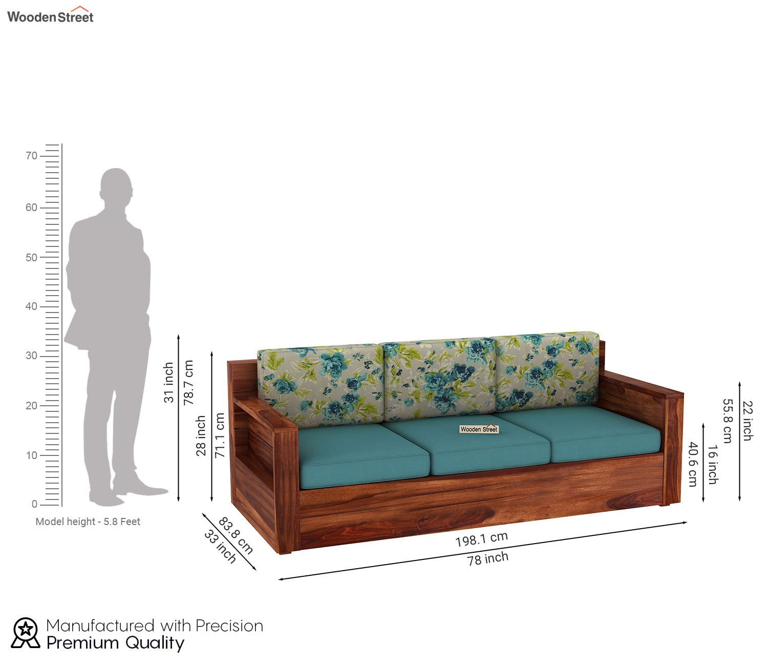 Marriott 3 Seater Wooden Sofa (Honey Teal Aqua Marine)