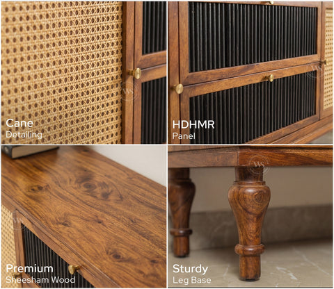 Murphy Premium Solid Wood TV Unit With Drawers, Cane & Brass Accents (Sheesham Wood, Teak Finish)
