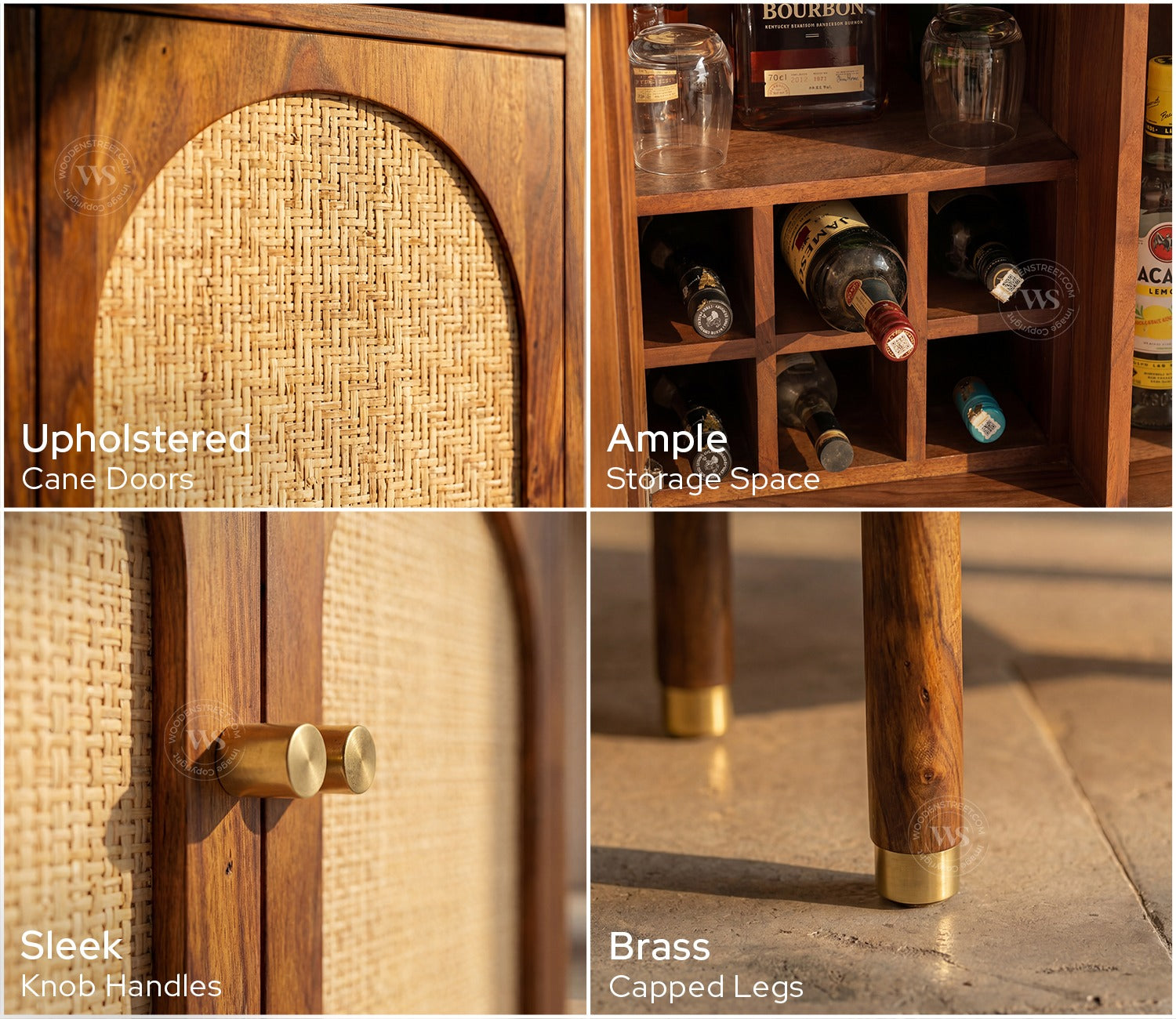 Amodh Sheesham Wood Bar Cabinet with Arched Cane Doors & Brass Handles (Teak Finish)