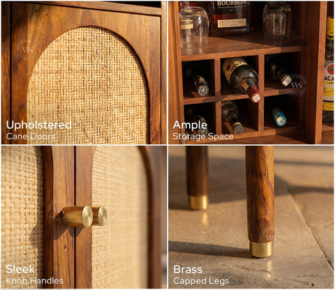 Amodh Sheesham Wood Bar Cabinet with Arched Cane Doors & Brass Handles (Teak Finish)