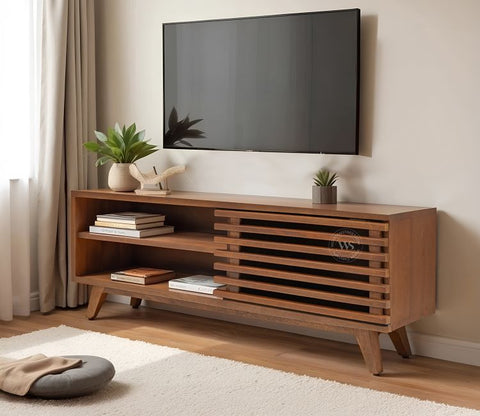 Axcel Mango Wood TV Unit with Pull-Down Drawer & Open Shelves (Teak Finish)