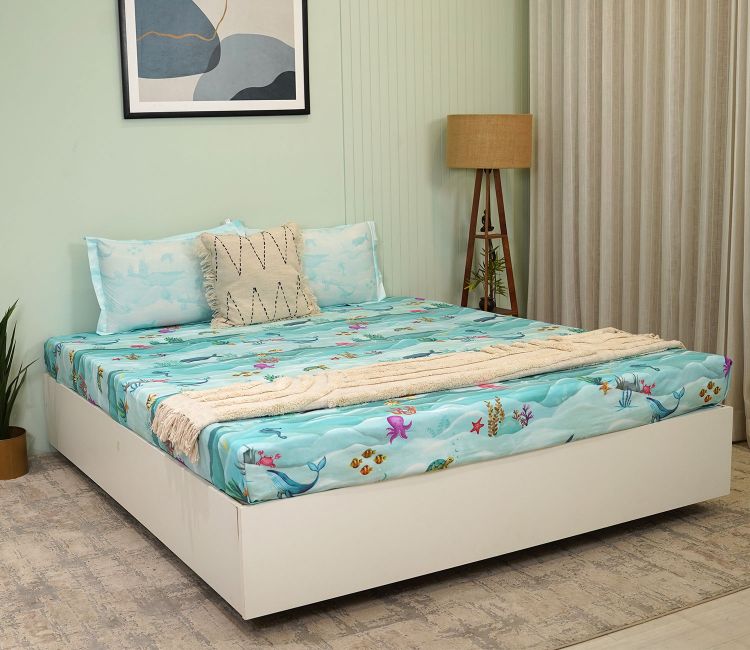 Seashore Flat Cotton Kids Bed Sheet King Size with 2 Pillow Covers