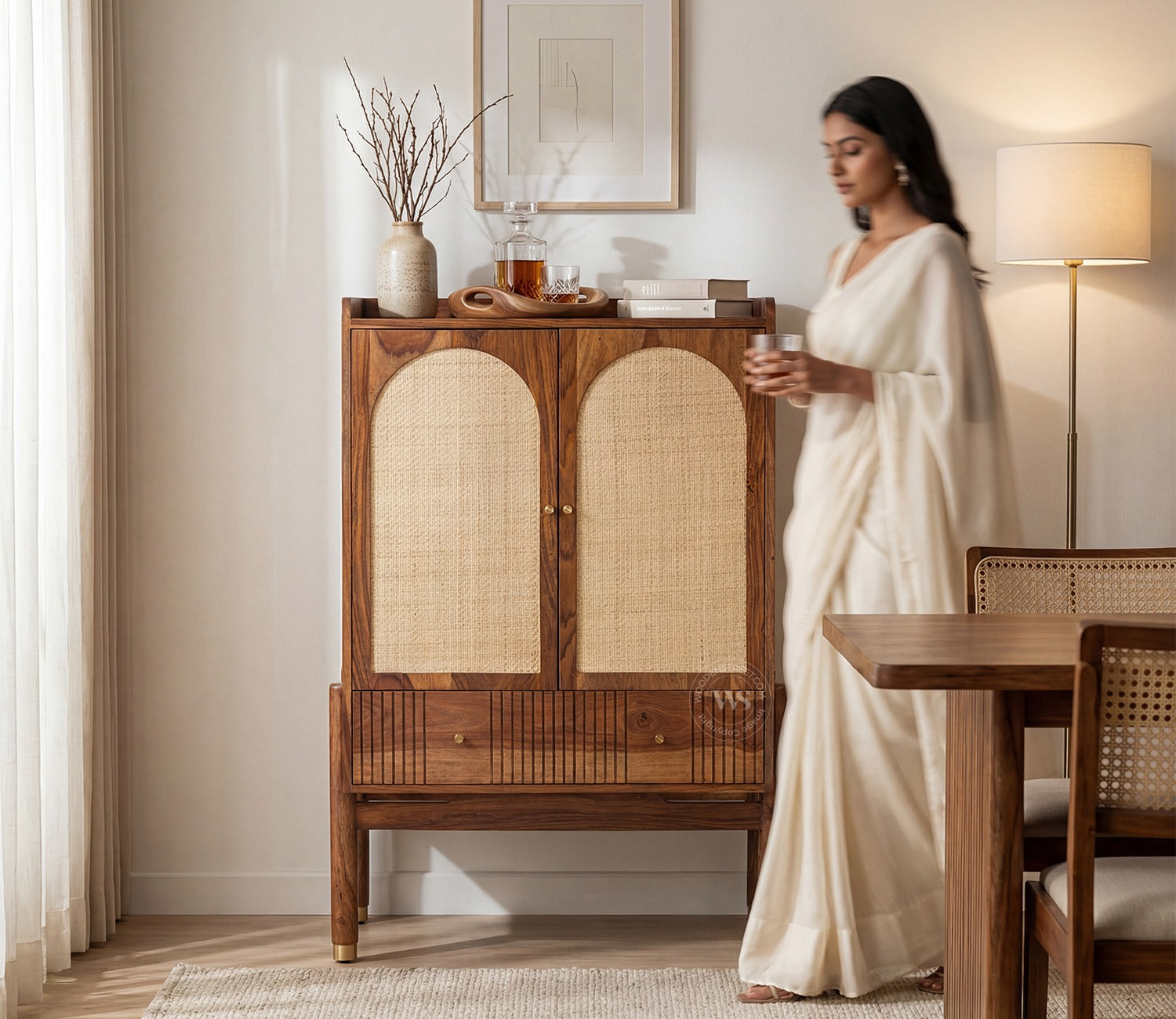Amodh Sheesham Wood Bar Cabinet with Arched Cane Doors & Brass Handles (Teak Finish)