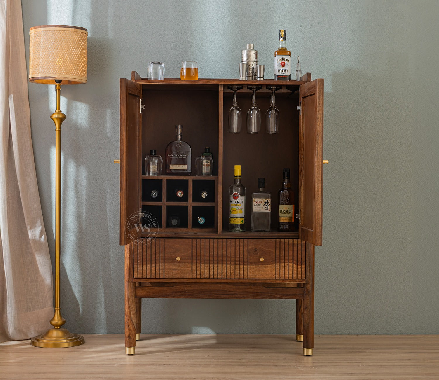 Amodh Sheesham Wood Bar Cabinet with Arched Cane Doors & Brass Handles (Teak Finish)