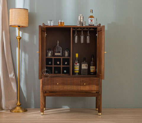 Amodh Sheesham Wood Bar Cabinet with Arched Cane Doors & Brass Handles (Teak Finish)
