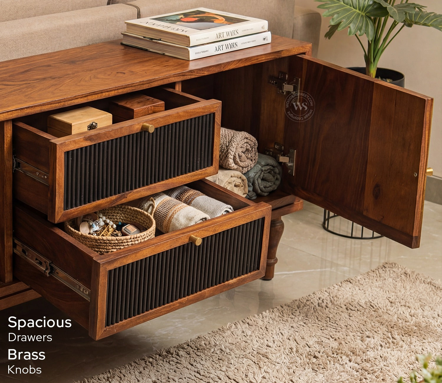 Murphy Premium Solid Wood TV Unit With Drawers, Cane & Brass Accents (Sheesham Wood, Teak Finish)