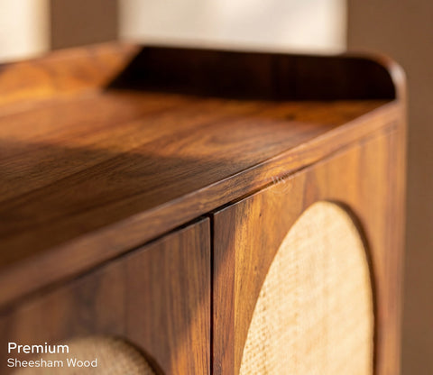 Amodh Sheesham Wood Bar Cabinet with Arched Cane Doors & Brass Handles (Teak Finish)