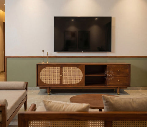 Gyana Premium Solid Wood TV Unit with Cane Panel Cabinet (Mango Wood, Teak Finish)
