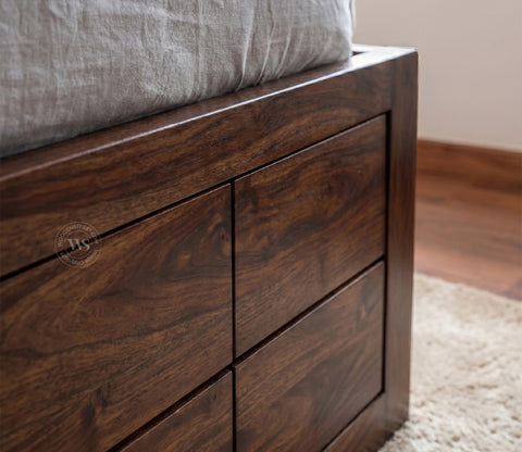 Brixton Sheesham Wood Bed With Box Storage (Queen Size, Walnut Finish)