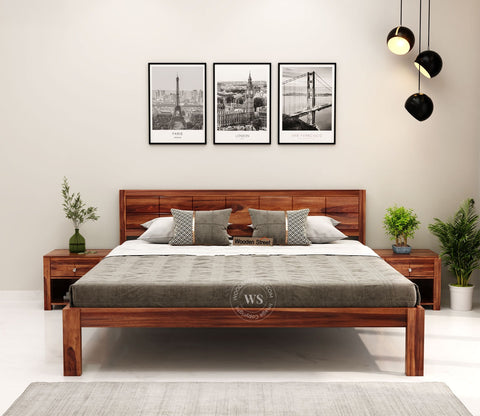 Brixton Sheesham Wood Bed Without Storage (King Size, Honey Finish)