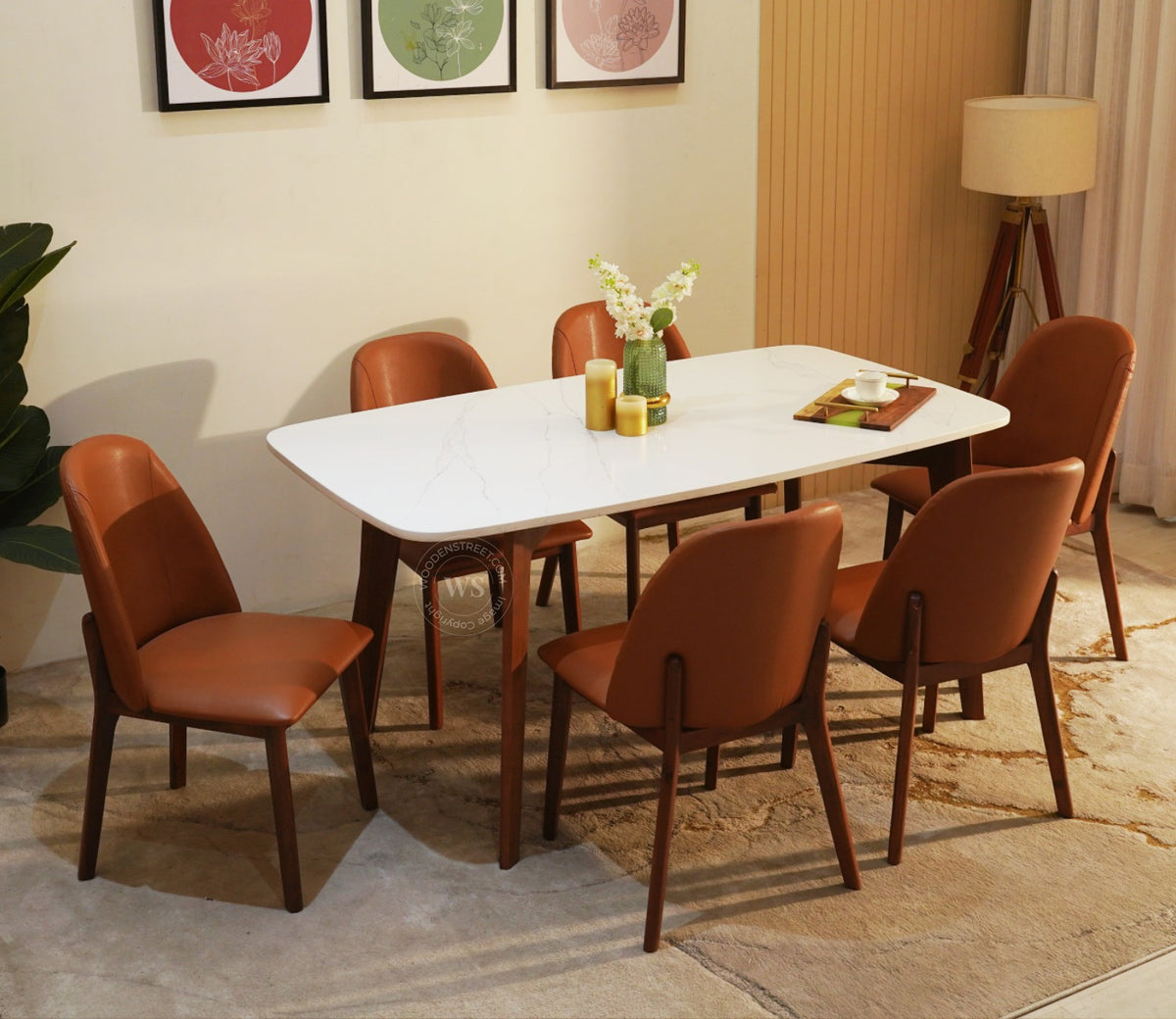 Valence 6 Seater Sheesham Wood Dining Set with Valence Quartz Top Table and Fressia Upholstered Chair (Teak Finish)