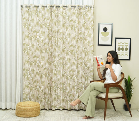 Palm Tree Light-Filtering Door Curtains Set of 2 (Green, 7 Feet)