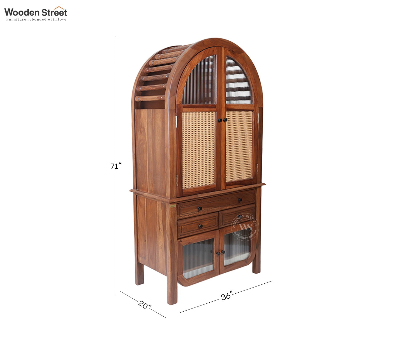 Anant Sheesham Wood Home Temple with Cane & Fluted Glass Doors and Spacious Drawers (Teak Finish)