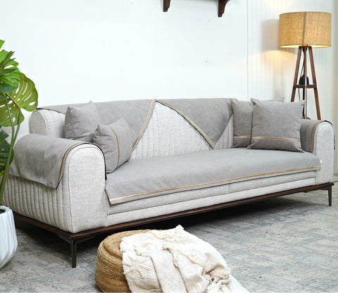 Princeton 3 Seater Premium Sofa Cover with Shimmer Lace - Set of 9 (Latte Beige)