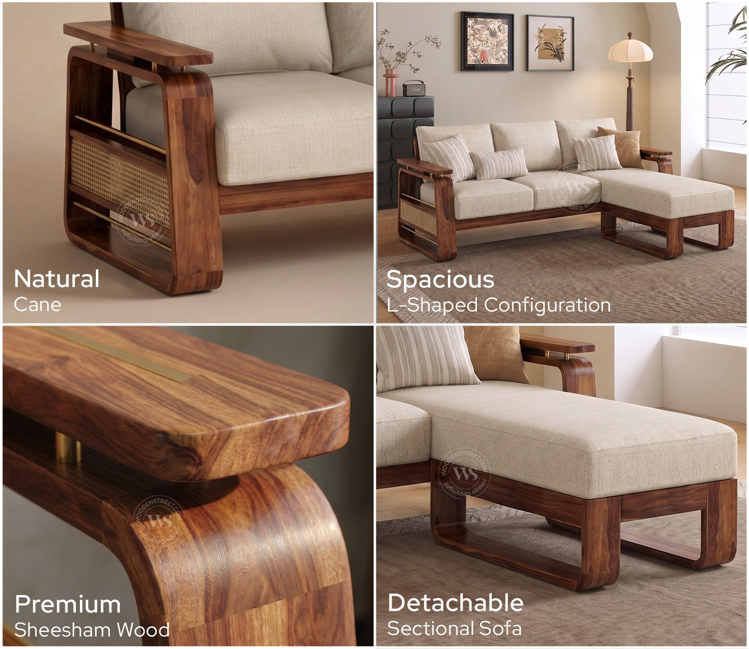 Vedic Sheesham Wood L Shape Left Align Sofa With Cane and Brass Detailing (Honey Finish, Jade Ivory)