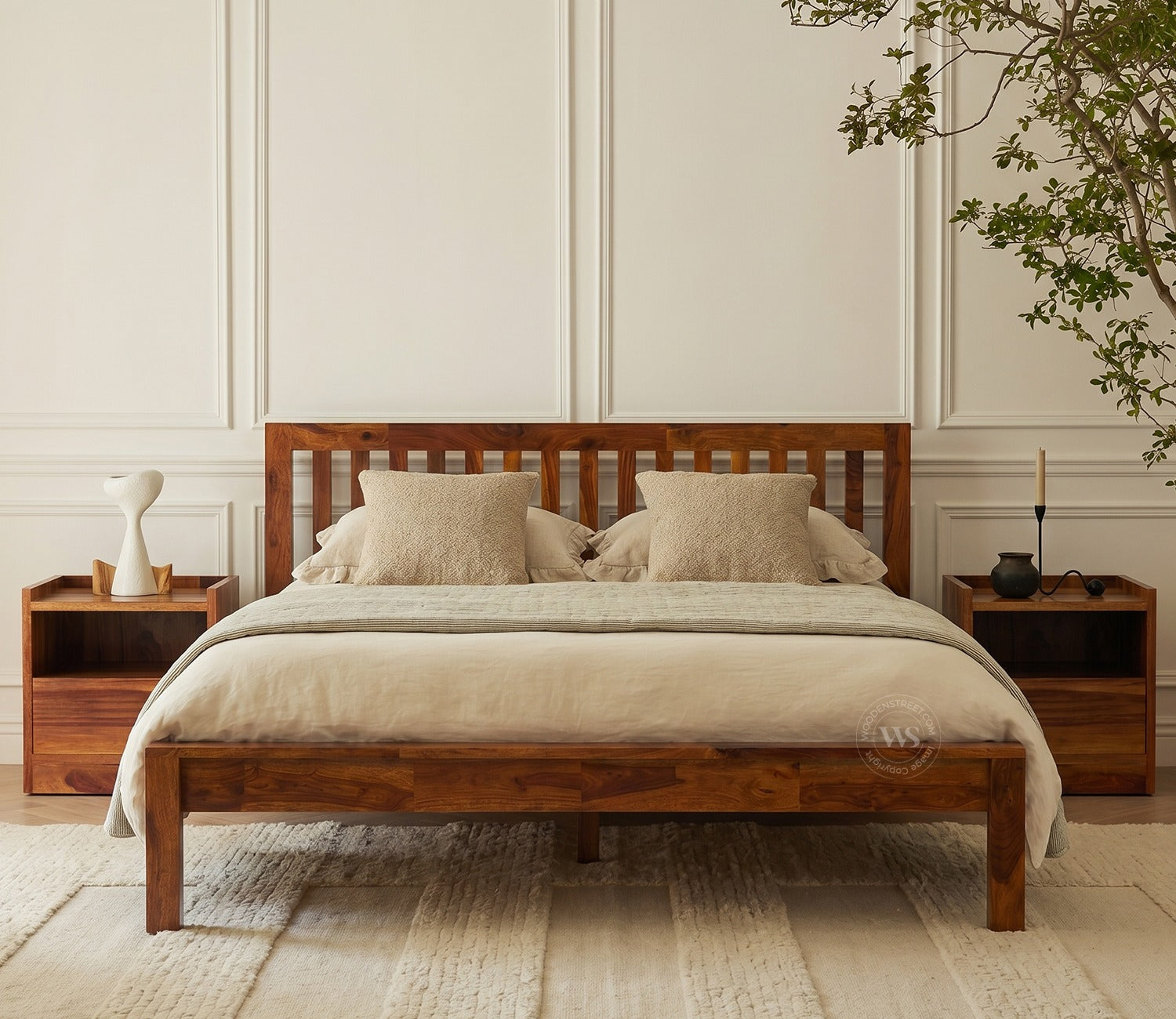 Venice Sheesham Wood Bed without Storage (Queen Size, Honey Finish)