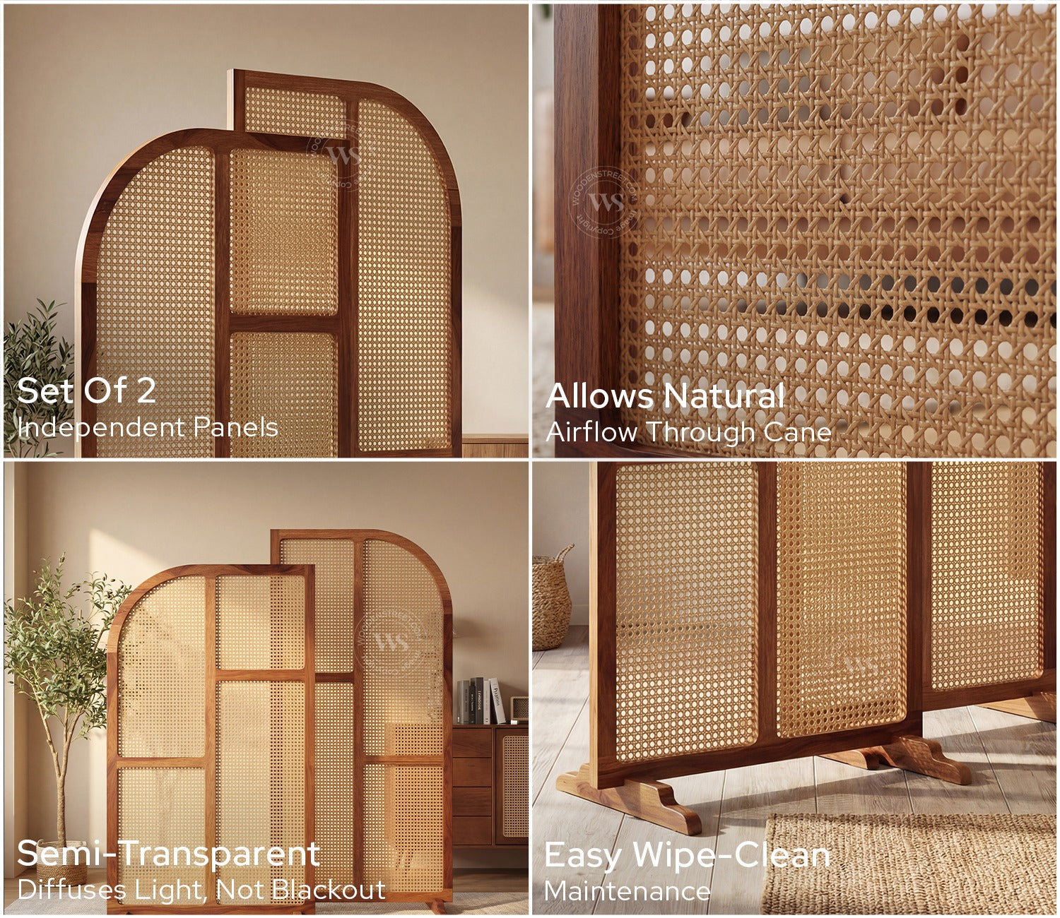 Aavaran Heritage Arch Sheesham Wood Room Divider with Luxury Cane Weave - Set of 2 Panels