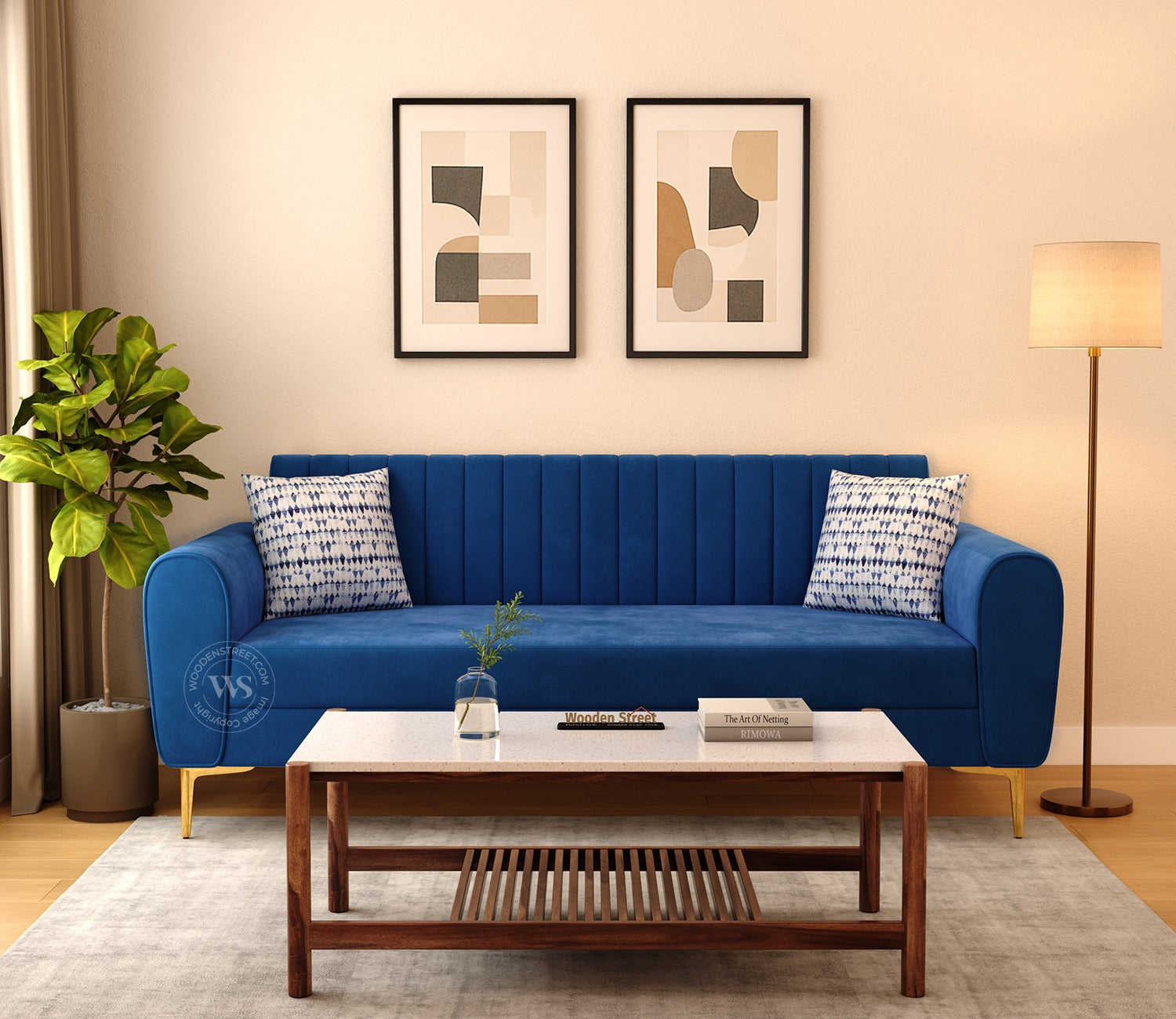 Medusa 3 Seater Fabric Sofa (Velvet, Indigo Blue)