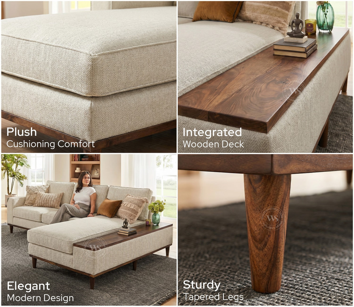 Ashion Premium Right Aligned L Shape Sofa with Built-in Side Wooden Deck (Cottage Ivory)
