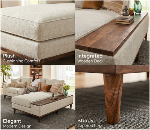 Ashion Premium Right Aligned L Shape Sofa with Built-in Side Wooden Deck (Cottage Ivory)