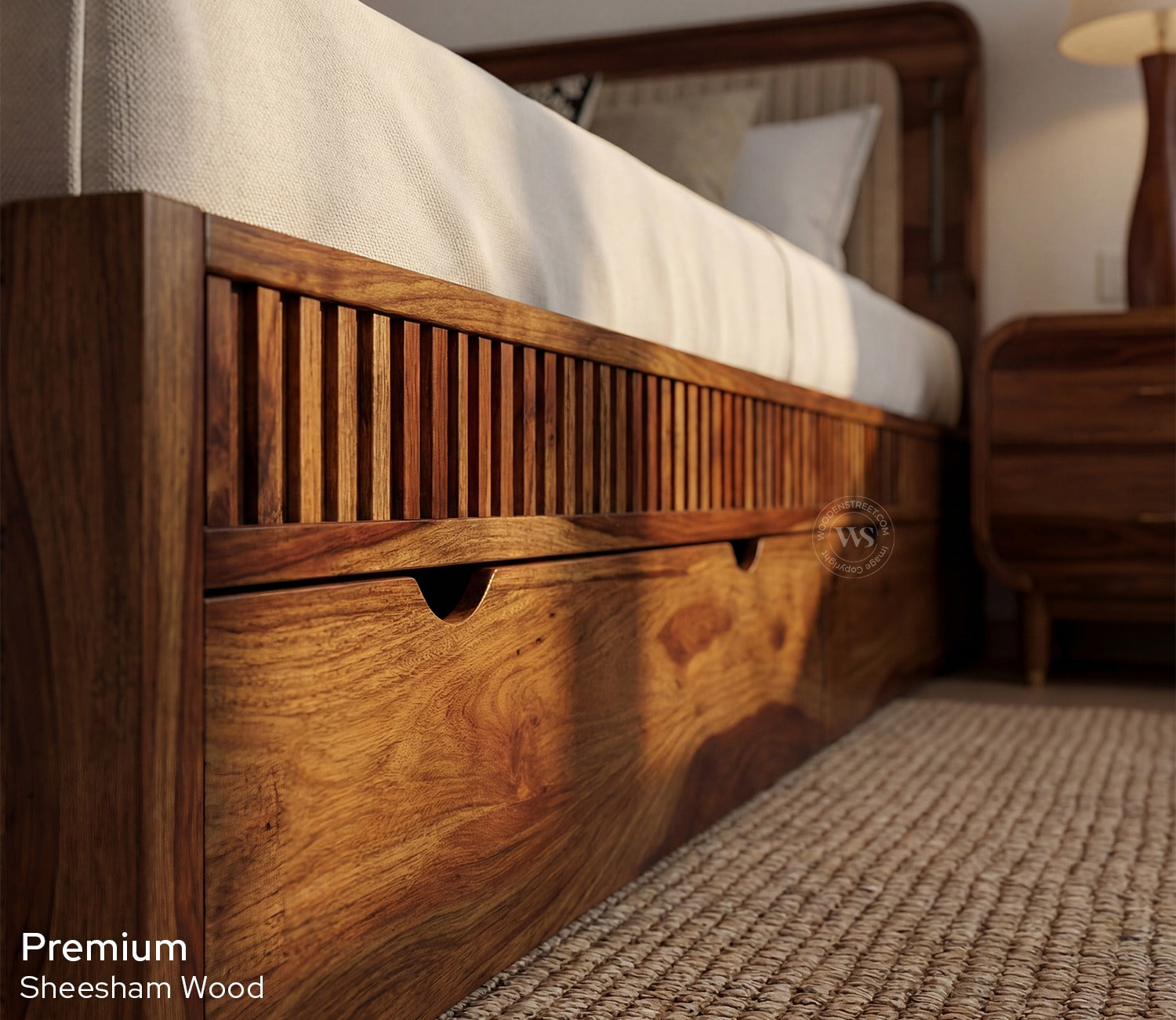 Lotus Premium Sheesham Wood Bed with Drawer Storage (King Size, Teak Finish)