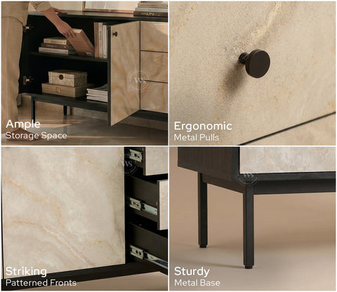 Marbay Modern Black Sideboard & Cabinet with Textured Front & Metal Base (Engineered Wood, Marble Pattern)