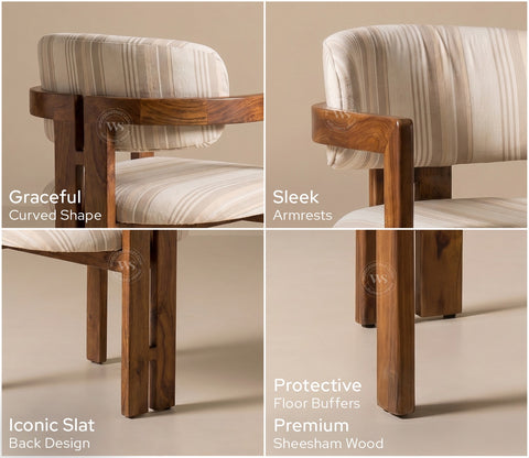 Kaaya Sheesham Wood Arm Chair With Premium Upholstery (Cream Stripes, Teak Finish)