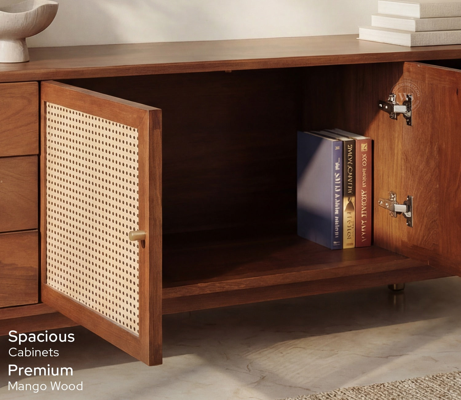 Eka Premium Mango Wood TV Unit with Natural Cane Detailing - Bohemian Contemporary Design (Teak Finish)