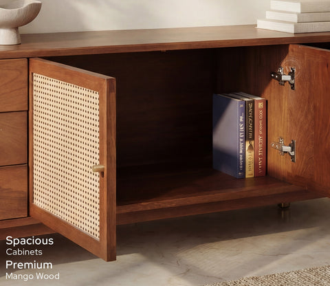 Eka Premium Mango Wood TV Unit with Natural Cane Detailing - Bohemian Contemporary Design (Teak Finish)