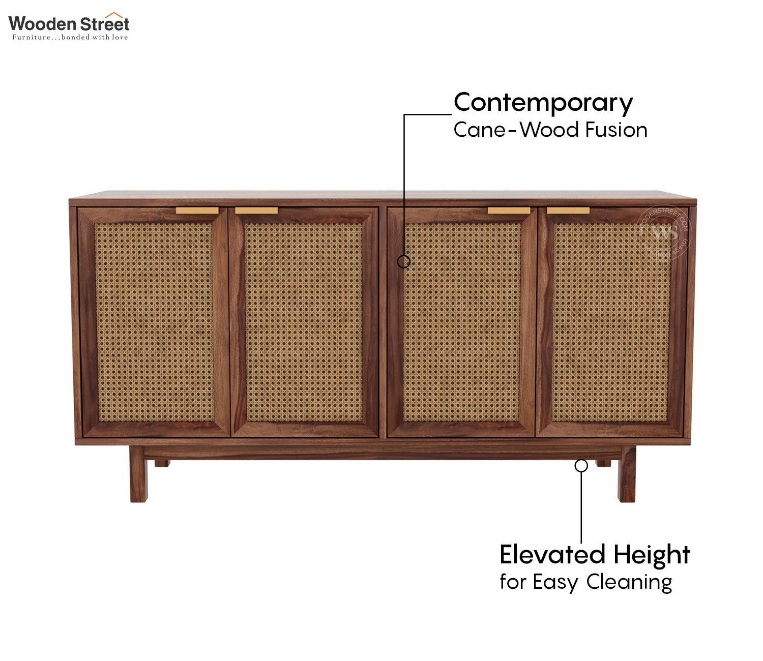 Rivena Solid Wood Cane Cabinet with Storage (Honey Finish)