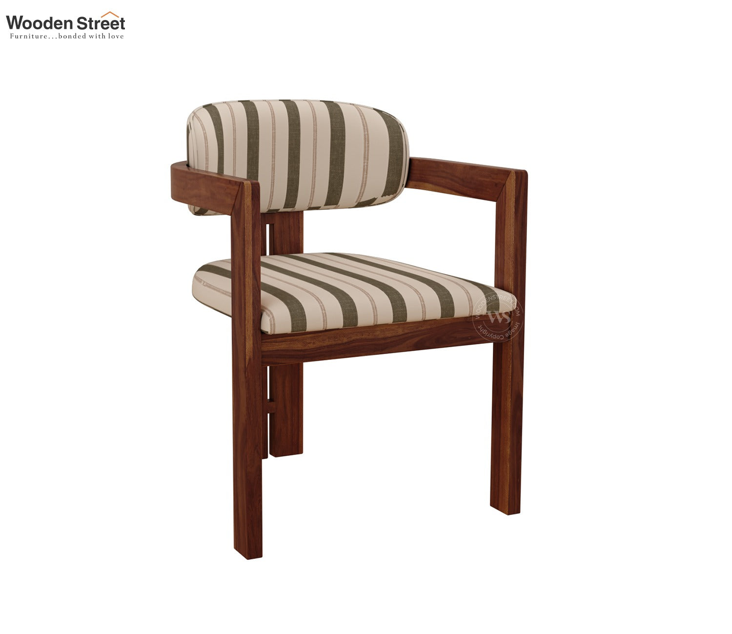 Kaaya Sheesham Wood Arm Chair With Premium Upholstery (Green Stripes, Teak Finish)