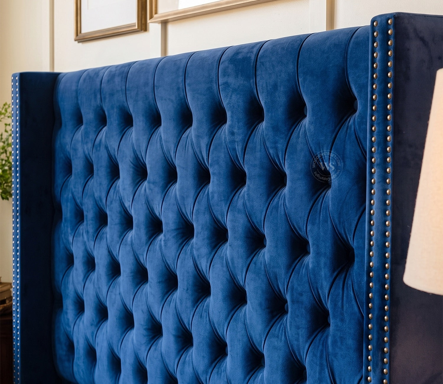 Drewno Sheesham Wood Upholstered Bed With Storage (Queen Size, Indigo Blue)