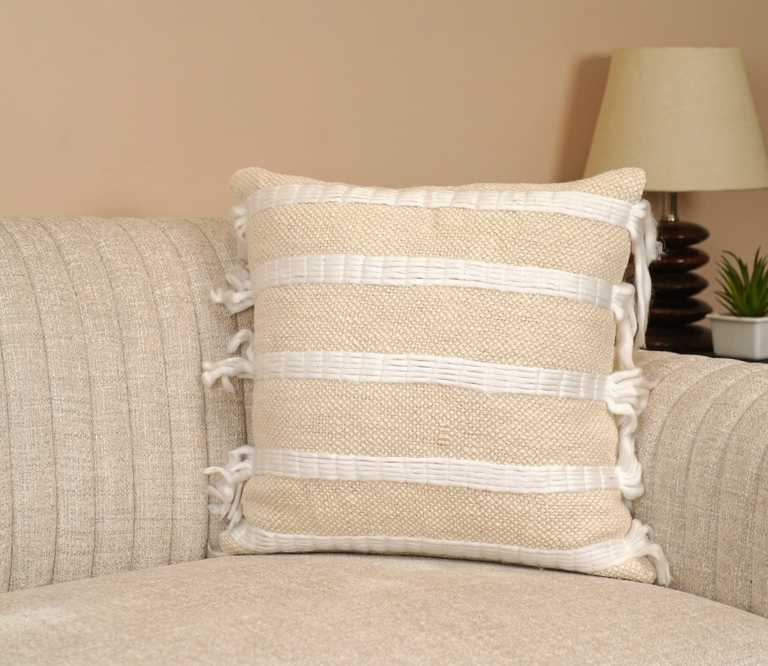 White Tasseled Embroided Cushion Cover-18 x 18