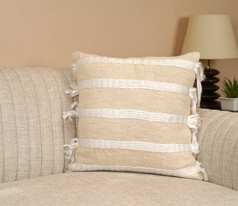 White Tasseled Embroided Cushion Cover-18 x 18