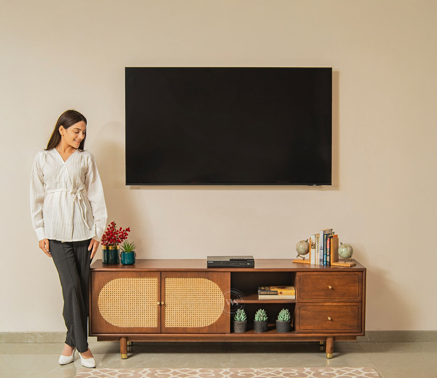 Gyana Premium Solid Wood TV Unit with Cane Panel Cabinet (Mango Wood, Teak Finish)