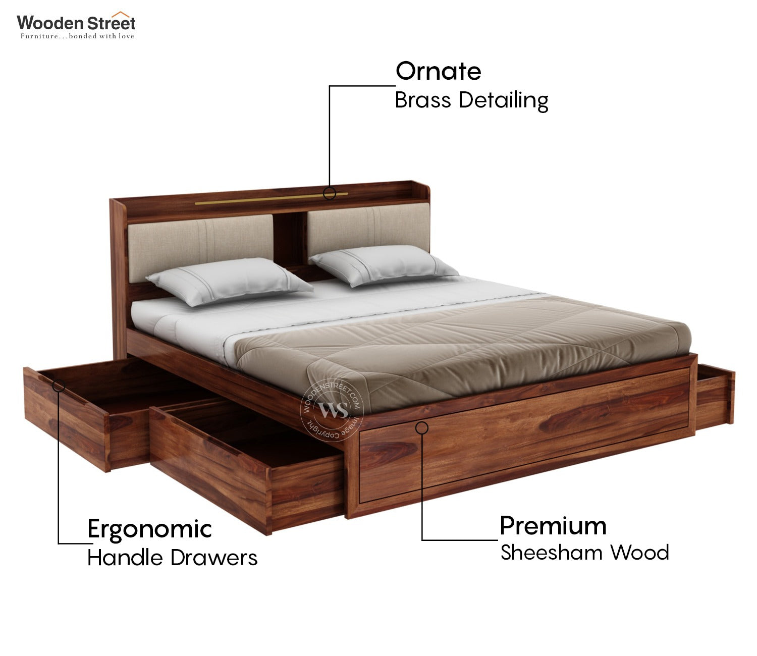 Wildon Premium Sheesham Wood Bed with Cushioned Headboard and Drawer Storage (King Size, Teak Finish)