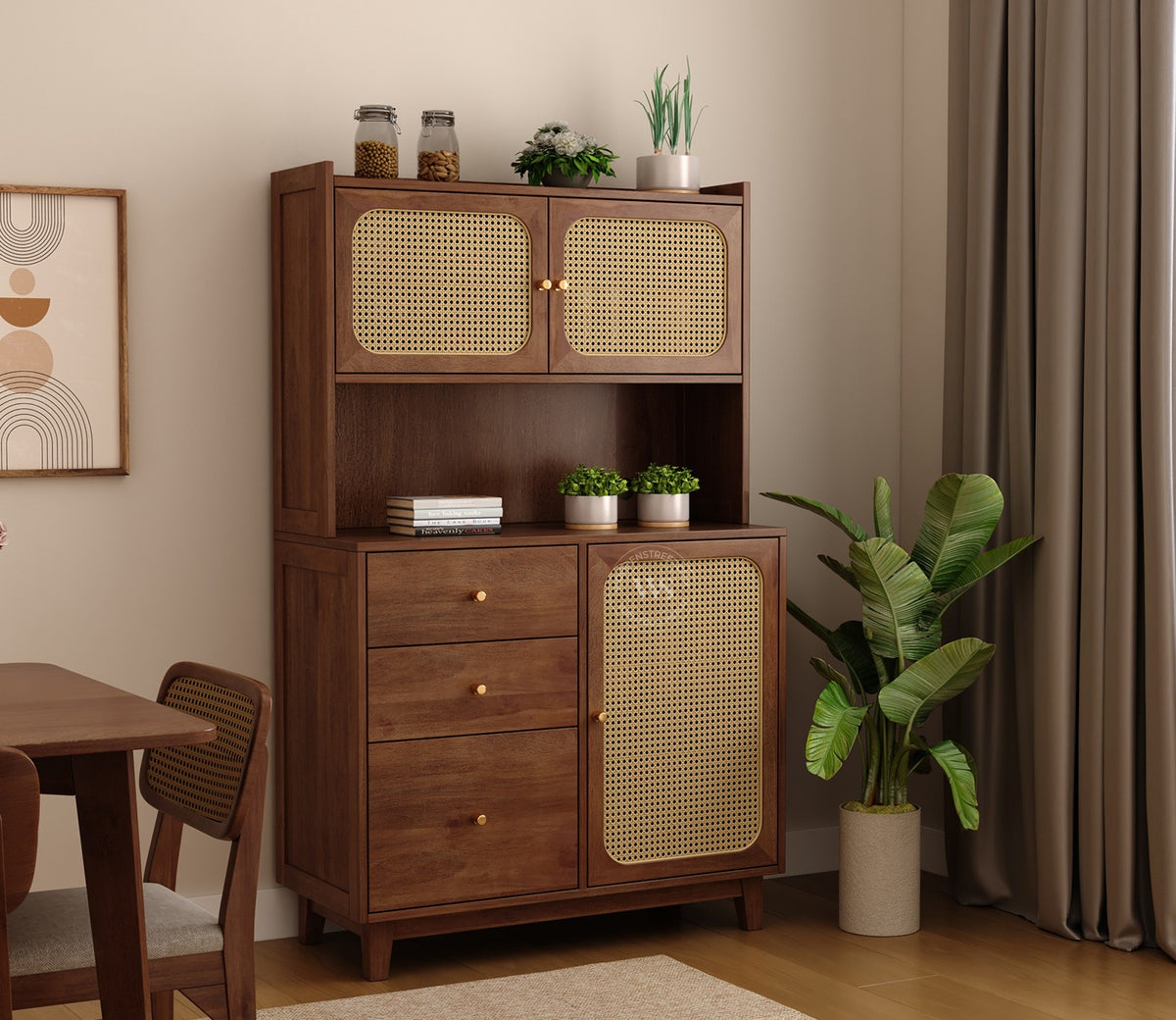 Divit Mango Wood Kitchen Cabinet with Cane Detailing & Brass Knobs (Teak Finish)