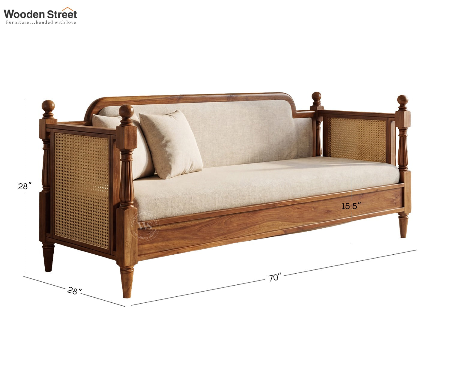 Dyuti Sheesham Wood and Cane Divan Bed with Jade Ivory Mattress (Teak Finish)