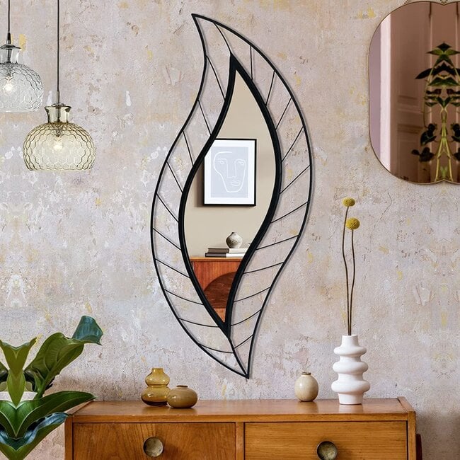 Trueliving Leaf Shape Metal Framed  Decorative Wall Mount Mirror | 18" x 48"