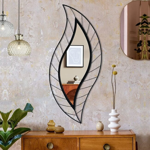 Trueliving Leaf Shape Metal Framed  Decorative Wall Mount Mirror | 18" x 48"