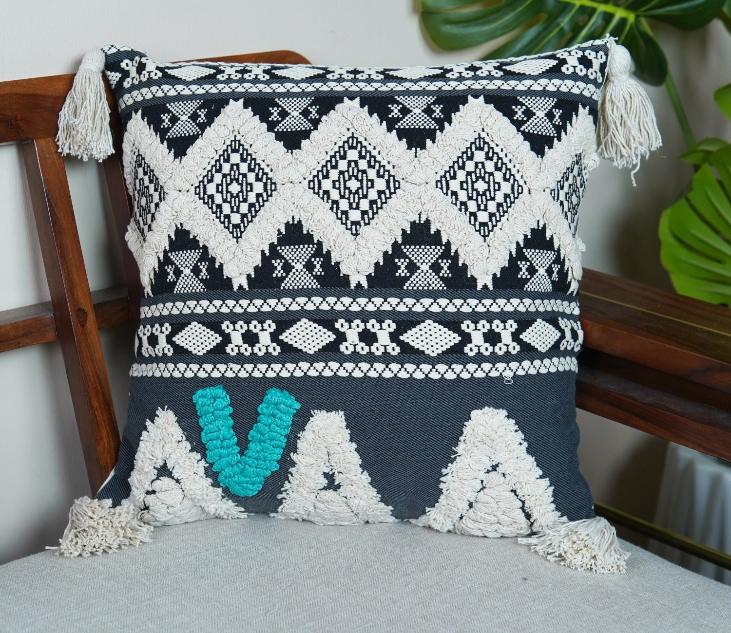 Abstract Tasseled Black Cotton Cushion Cover -18 x 18