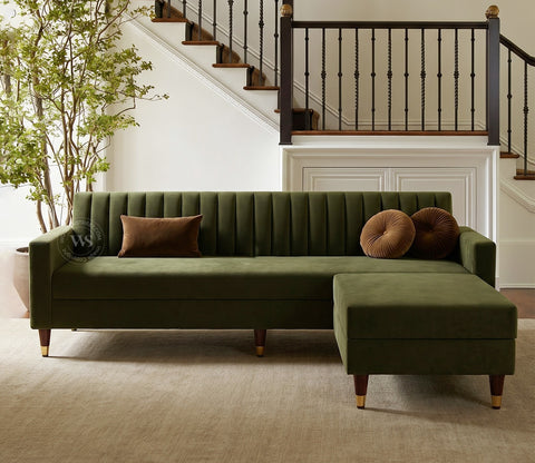 Everett L-Shape Corner Fabric Sofa (Velvet, Dark Olive Green)