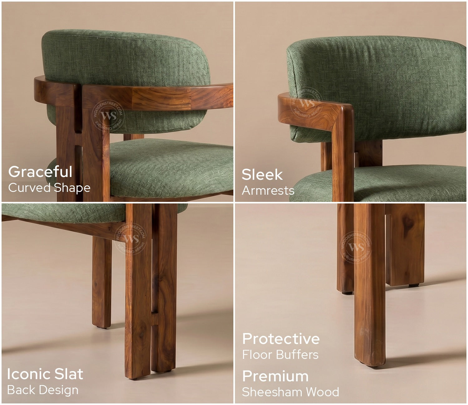 Kaaya Sheesham Wood Arm Chair with Premium Upholstery (Sage Green)