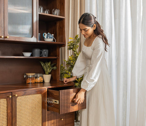 Tripti Classic Kitchen Cabinet with Fluted Glass, Cane Weave & Brass Knobs (Teak Finish)