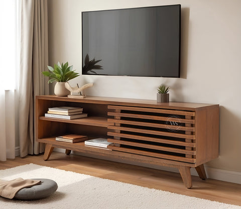 Axcel Mango Wood TV Unit with Pull-Down Drawer & Open Shelves (Teak Finish)